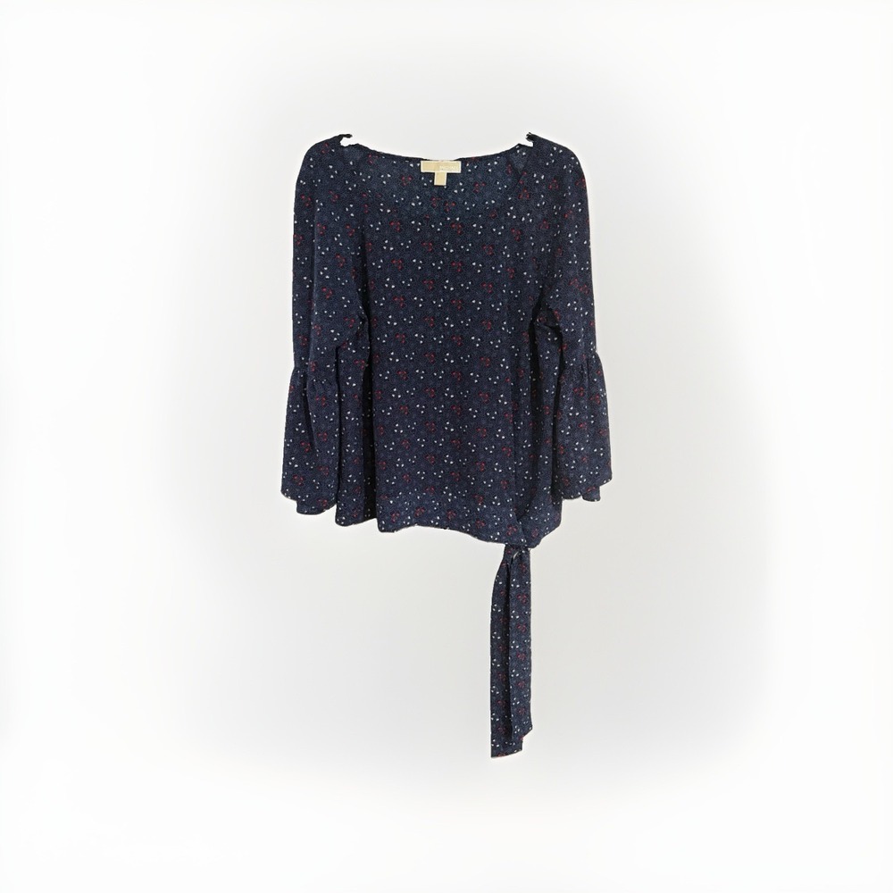 Michael Michael Kors Women's XL Navy Heart Print Bell Sleeve Tie Hem Blouse F163